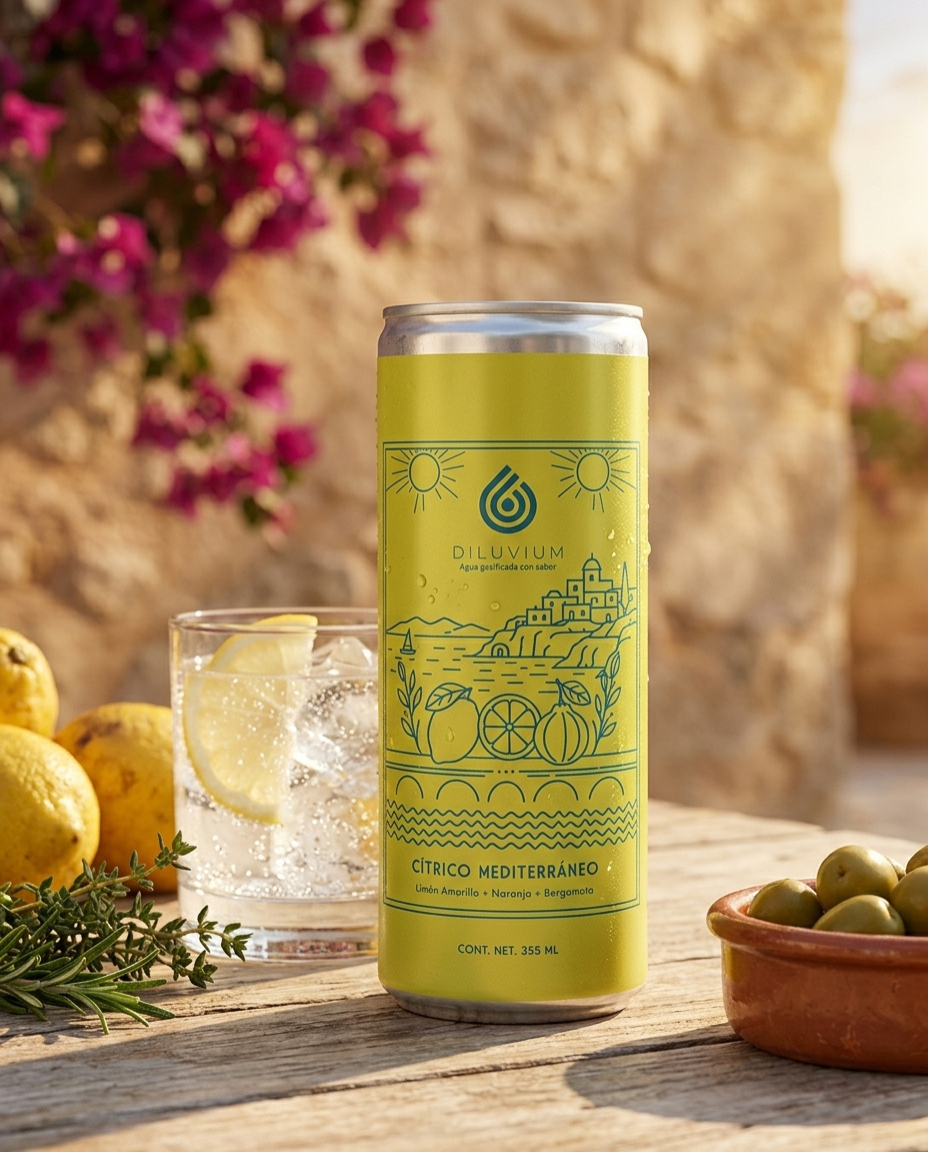 Cítrico Mediterráneo, agua gasificada DILUVIUM, edición exclusiva con notas de limón amarillo, naranja y bergamota