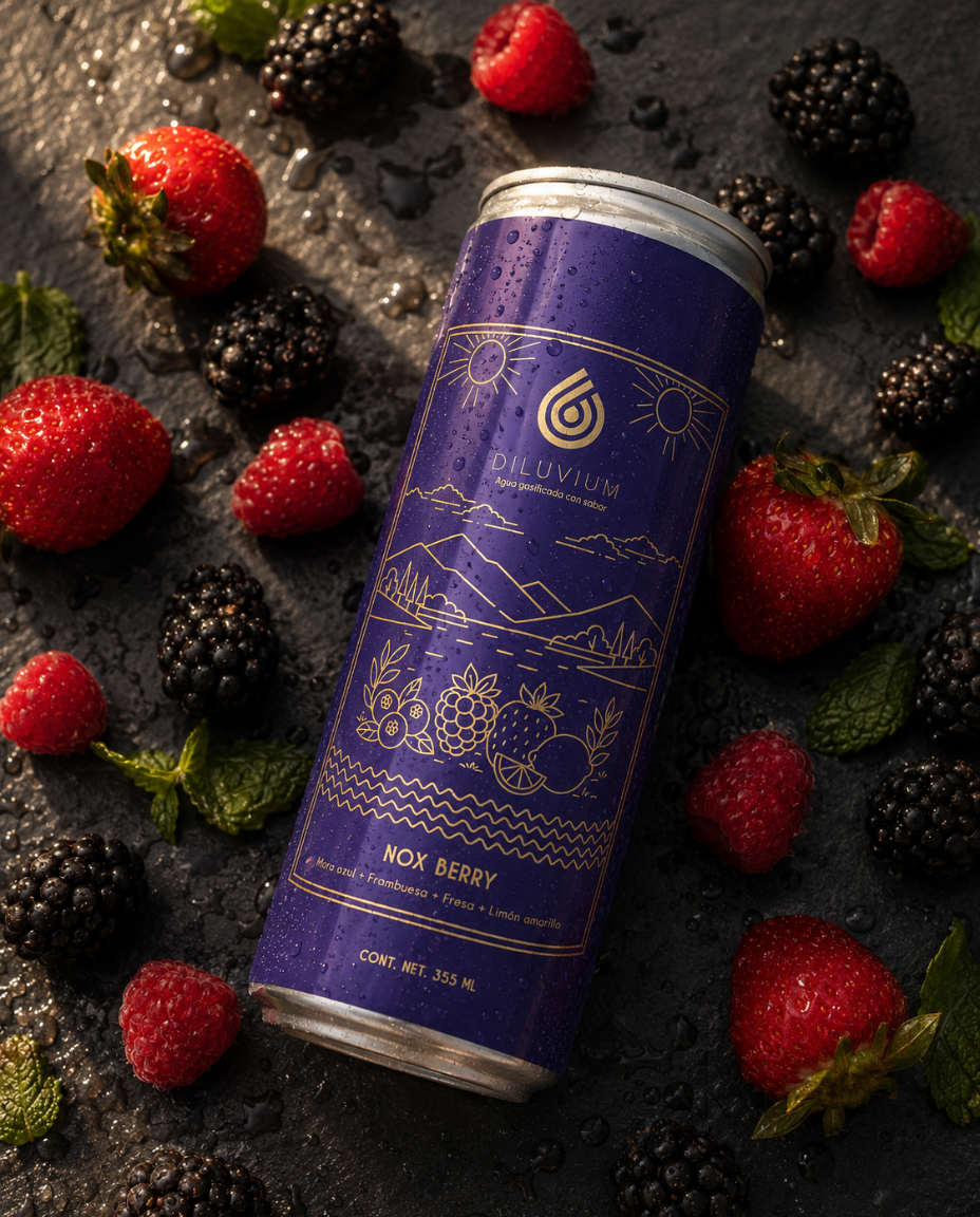 Nox Berry, agua gasificada DILUVIUM, edición exclusiva con notas de mora azul, frambuesa, fresa y limón amarillo